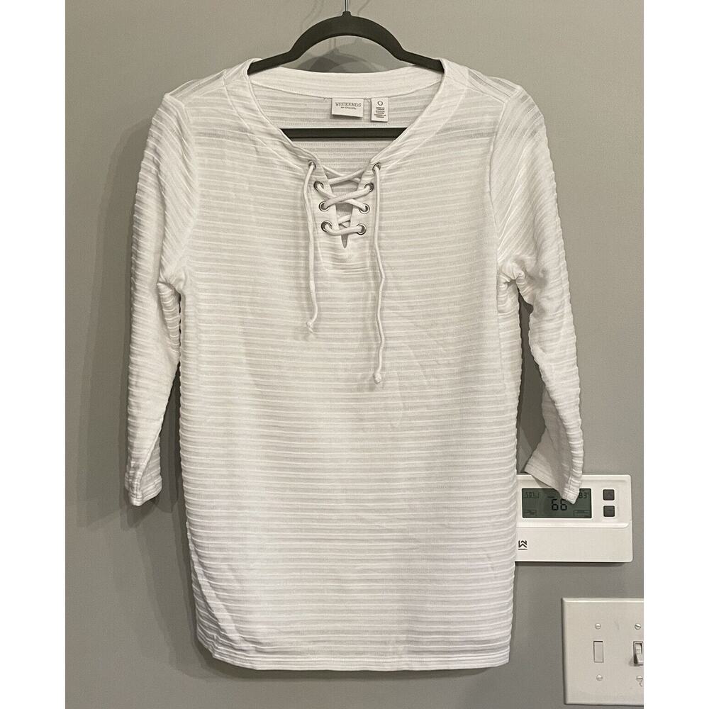 Chicos Weekends Top Striped Ribbed Pullover Tunic 3/4 Sleeve Boho Womens 0‎